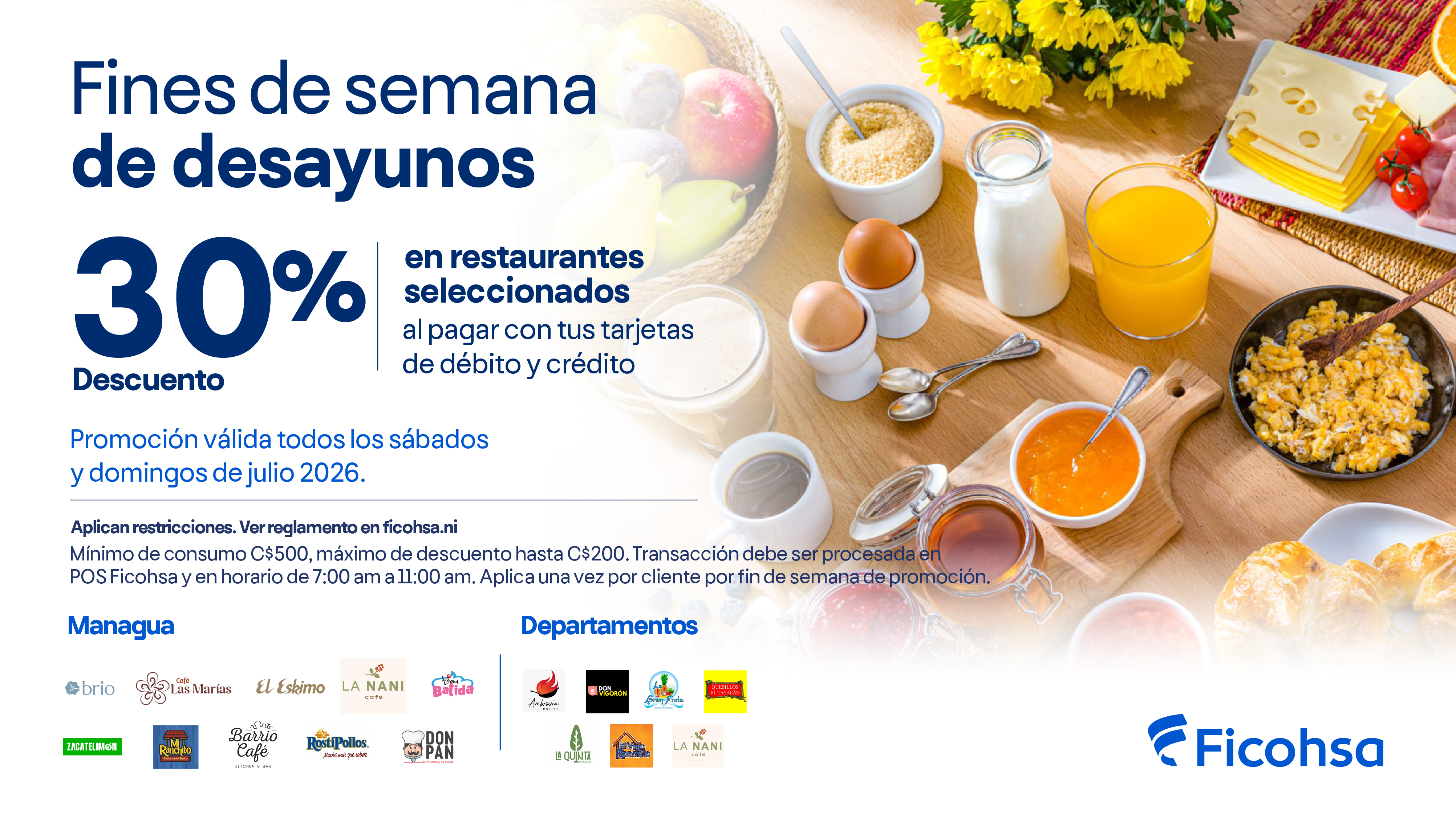 30% de descuento en desayunos los fines de semana 