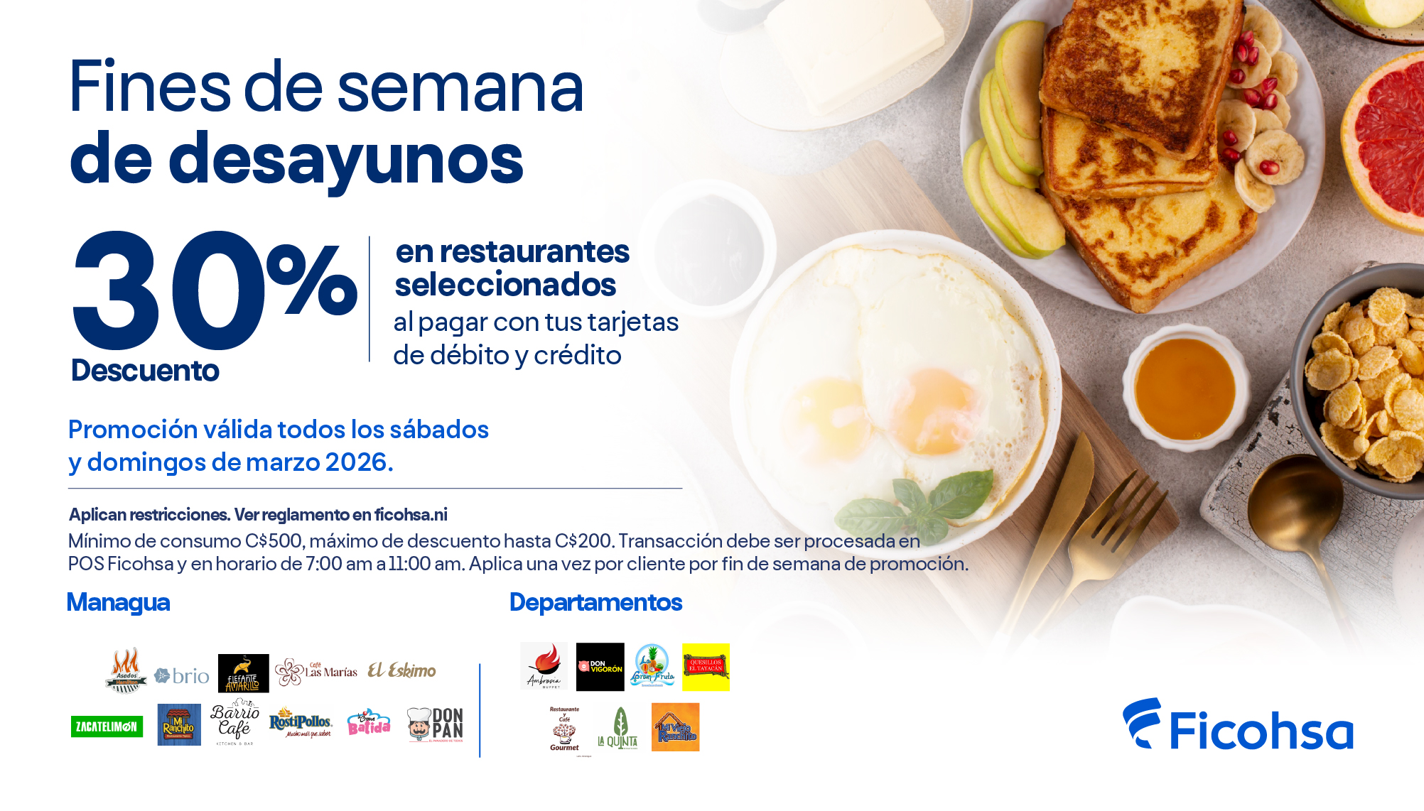 30% de descuento en desayunos los fines de semana 